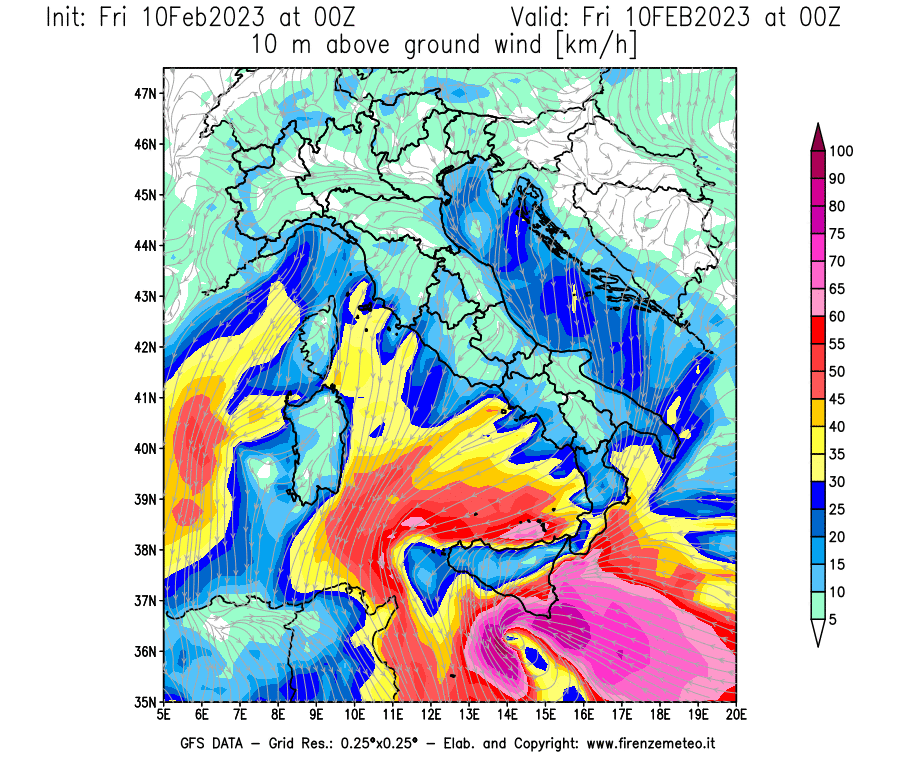 Mappa di analisi GFS - Velocità del vento a 10 metri dal suolo [km/h] in Italia
							del 10/02/2023 00 <!--googleoff: index-->UTC<!--googleon: index-->