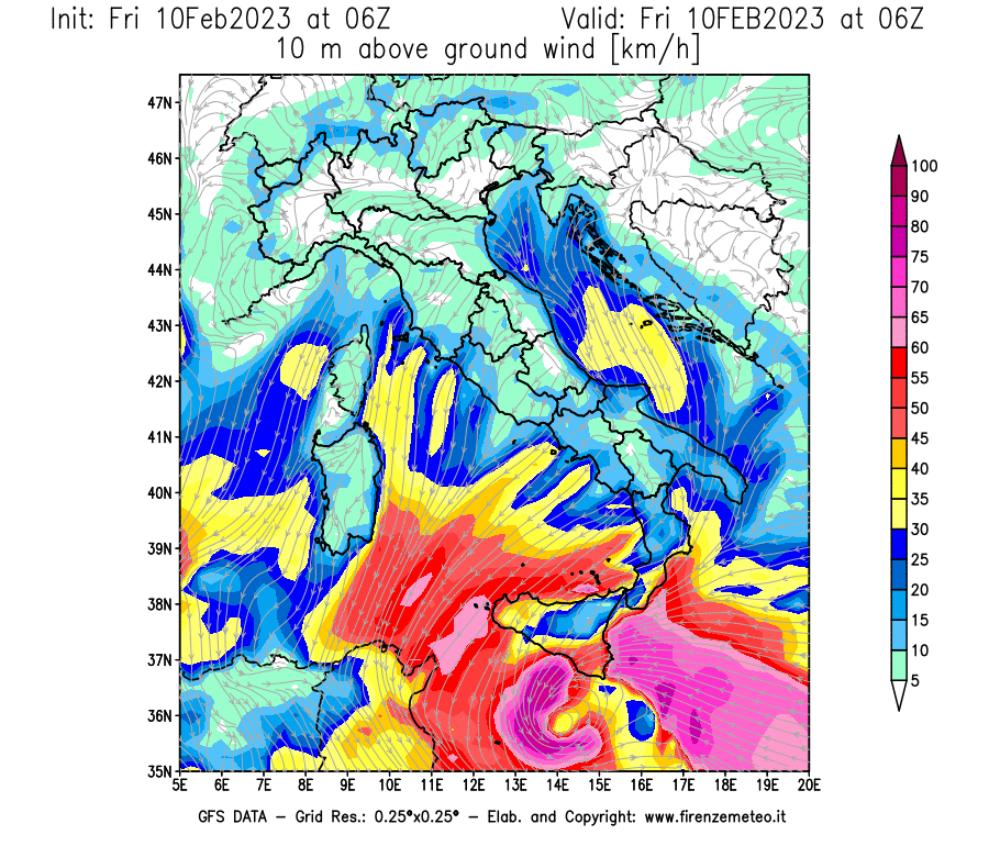 Mappa di analisi GFS - Velocità del vento a 10 metri dal suolo [km/h] in Italia
							del 10/02/2023 06 <!--googleoff: index-->UTC<!--googleon: index-->