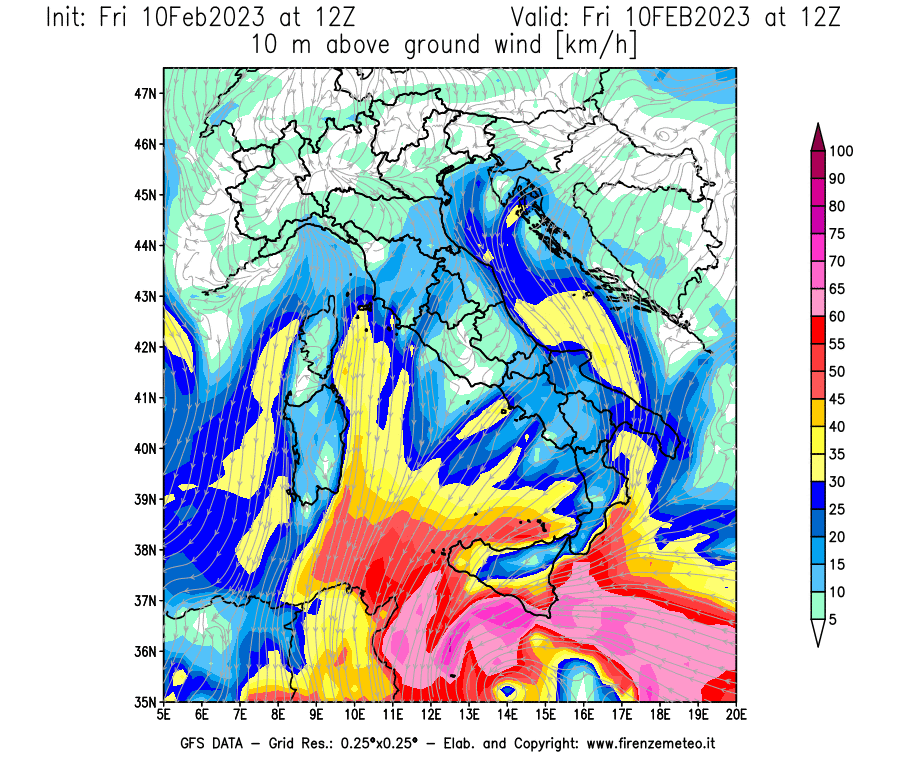 Mappa di analisi GFS - Velocità del vento a 10 metri dal suolo [km/h] in Italia
							del 10/02/2023 12 <!--googleoff: index-->UTC<!--googleon: index-->