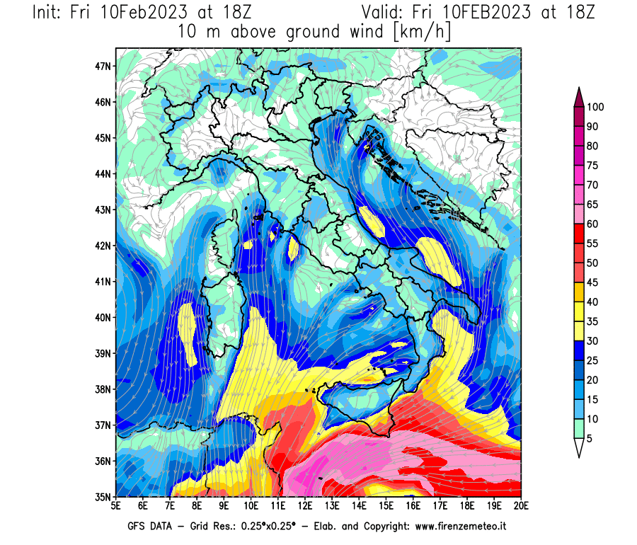 Mappa di analisi GFS - Velocità del vento a 10 metri dal suolo [km/h] in Italia
							del 10/02/2023 18 <!--googleoff: index-->UTC<!--googleon: index-->