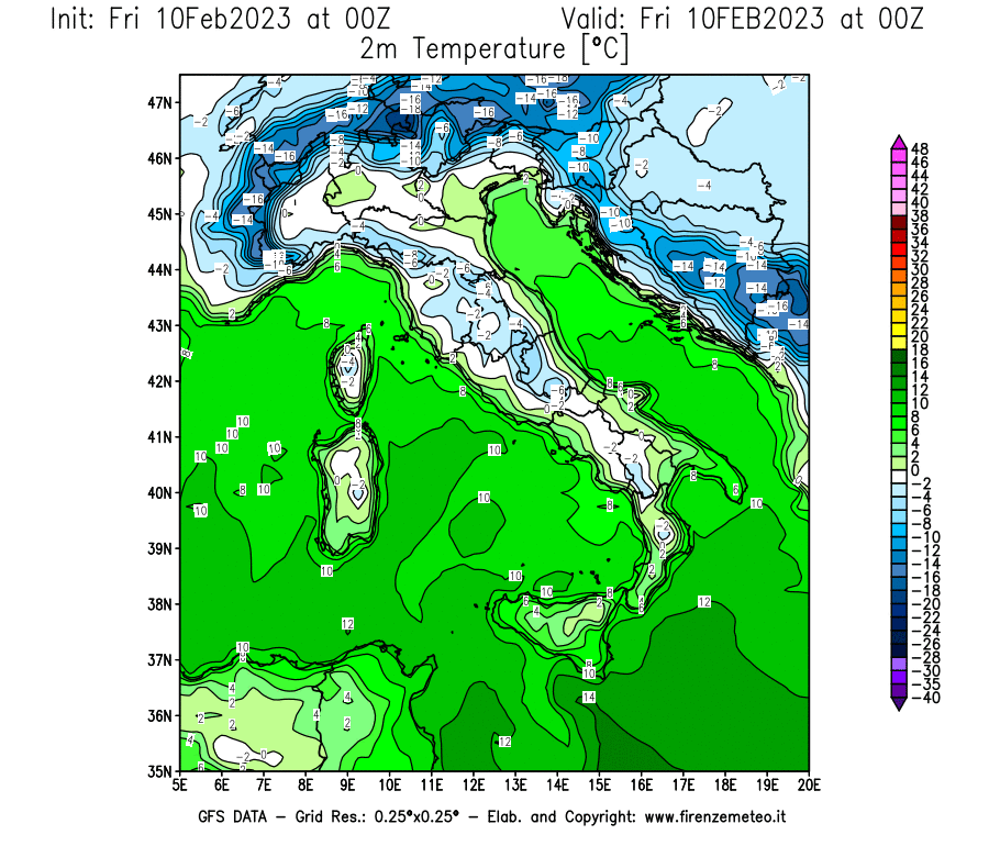 Mappa di analisi GFS - Temperatura a 2 metri dal suolo [°C] in Italia
							del 10/02/2023 00 <!--googleoff: index-->UTC<!--googleon: index-->