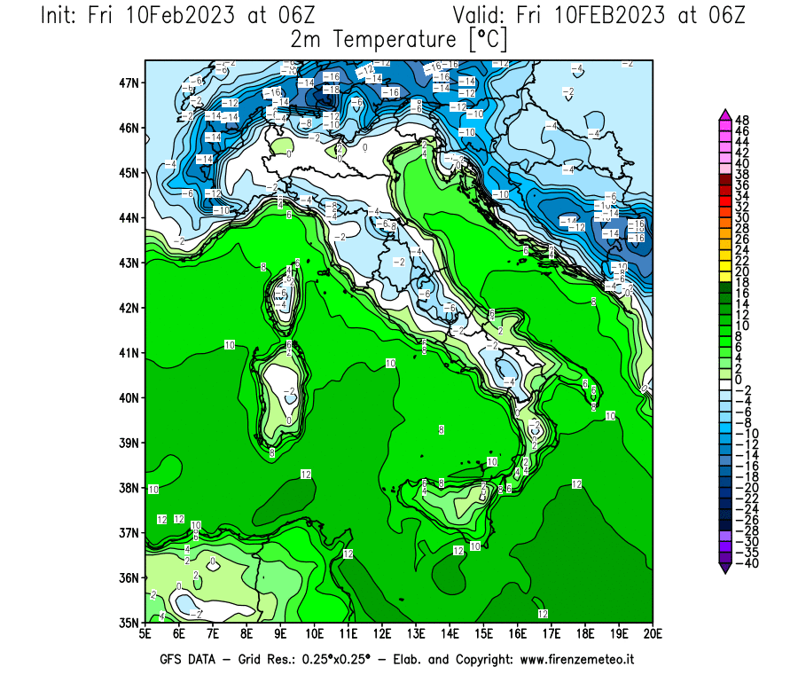 Mappa di analisi GFS - Temperatura a 2 metri dal suolo [°C] in Italia
							del 10/02/2023 06 <!--googleoff: index-->UTC<!--googleon: index-->