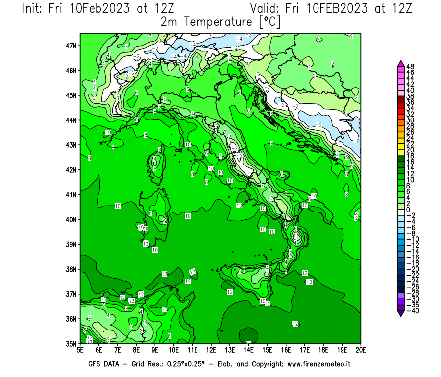Mappa di analisi GFS - Temperatura a 2 metri dal suolo [°C] in Italia
							del 10/02/2023 12 <!--googleoff: index-->UTC<!--googleon: index-->