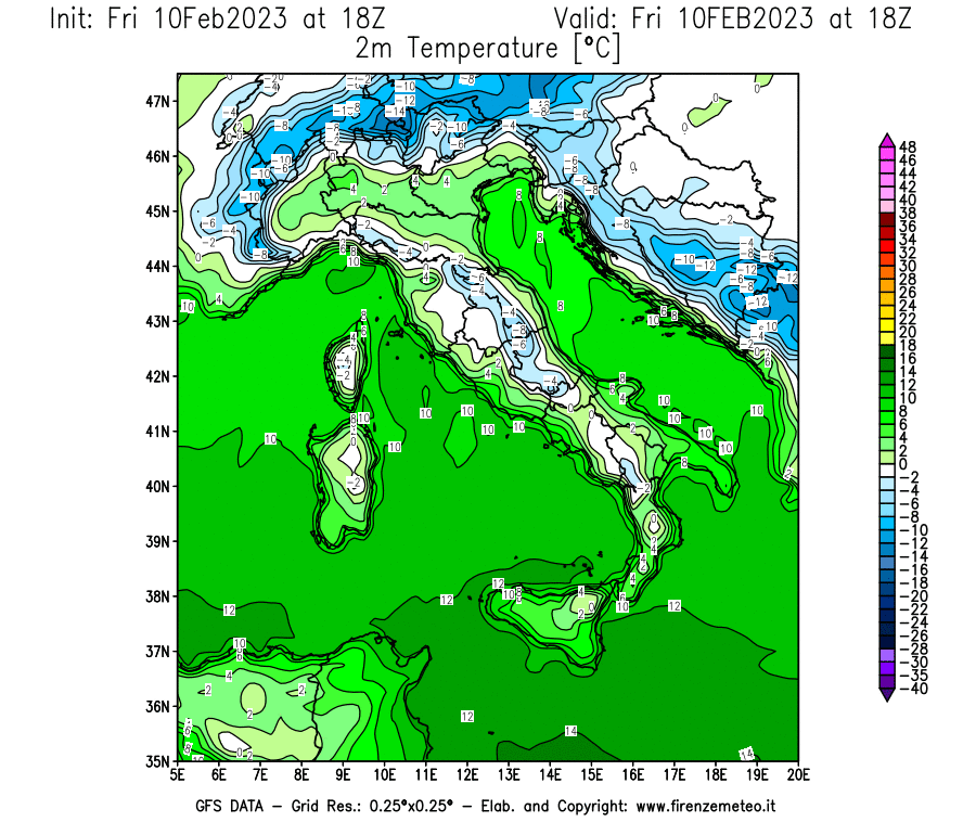 Mappa di analisi GFS - Temperatura a 2 metri dal suolo [°C] in Italia
							del 10/02/2023 18 <!--googleoff: index-->UTC<!--googleon: index-->