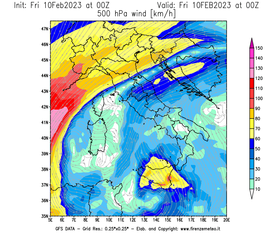Mappa di analisi GFS - Velocità del vento a 500 hPa [km/h] in Italia
							del 10/02/2023 00 <!--googleoff: index-->UTC<!--googleon: index-->