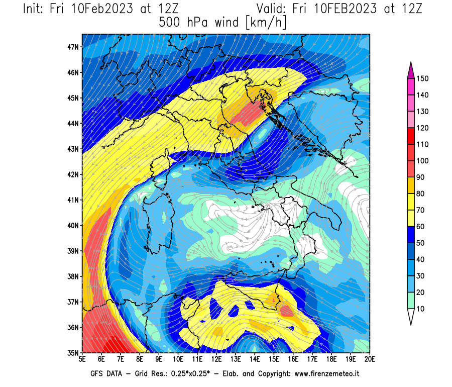 Mappa di analisi GFS - Velocità del vento a 500 hPa [km/h] in Italia
							del 10/02/2023 12 <!--googleoff: index-->UTC<!--googleon: index-->