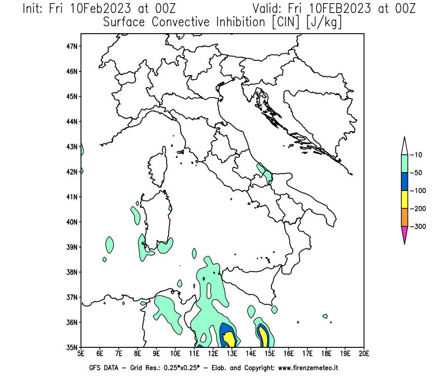 Mappa di analisi GFS - CIN [J/kg] in Italia
							del 10/02/2023 00 <!--googleoff: index-->UTC<!--googleon: index-->