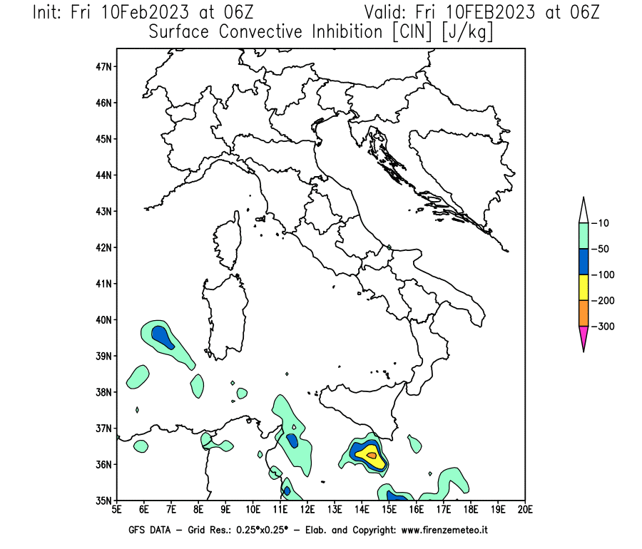 Mappa di analisi GFS - CIN [J/kg] in Italia
							del 10/02/2023 06 <!--googleoff: index-->UTC<!--googleon: index-->