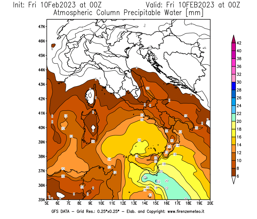 Mappa di analisi GFS - Precipitable Water [mm] in Italia
							del 10/02/2023 00 <!--googleoff: index-->UTC<!--googleon: index-->