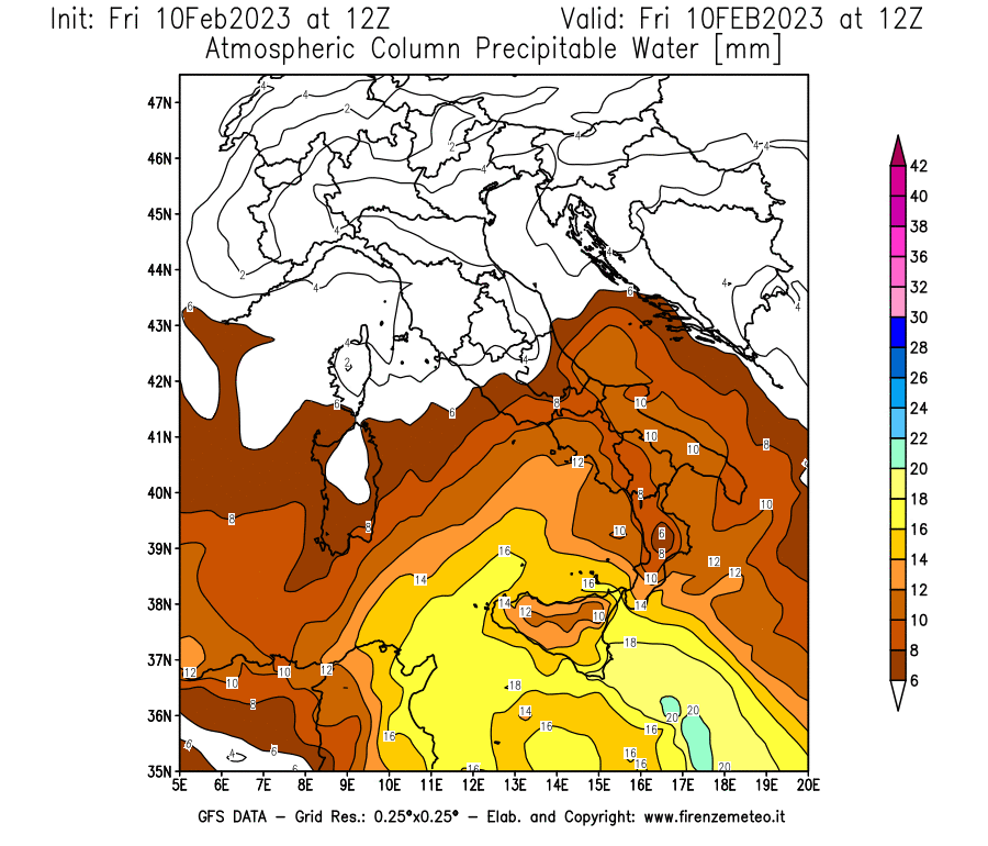 Mappa di analisi GFS - Precipitable Water [mm] in Italia
							del 10/02/2023 12 <!--googleoff: index-->UTC<!--googleon: index-->