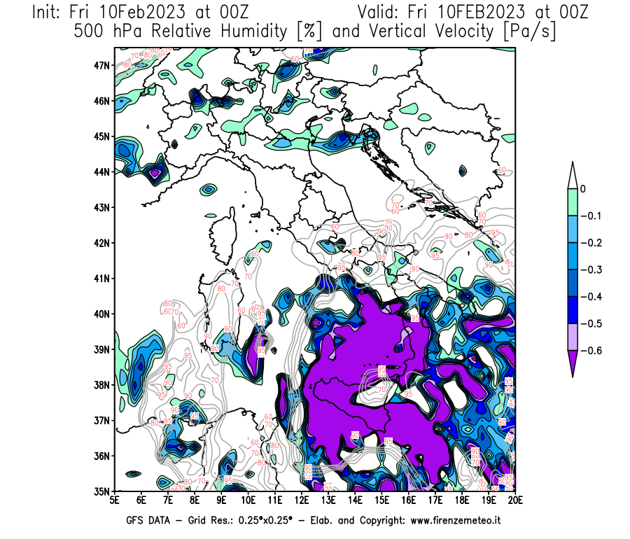Mappa di analisi GFS - Umidità relativa [%] e Omega [Pa/s] a 500 hPa in Italia
							del 10/02/2023 00 <!--googleoff: index-->UTC<!--googleon: index-->