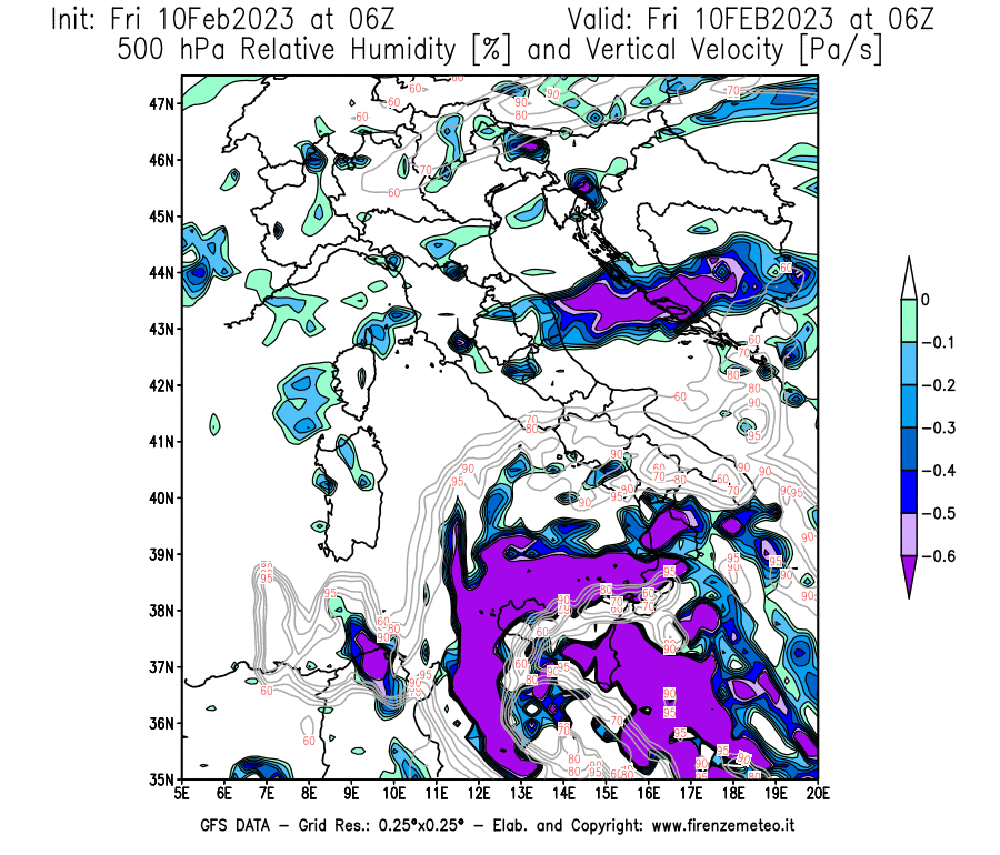 Mappa di analisi GFS - Umidità relativa [%] e Omega [Pa/s] a 500 hPa in Italia
							del 10/02/2023 06 <!--googleoff: index-->UTC<!--googleon: index-->
