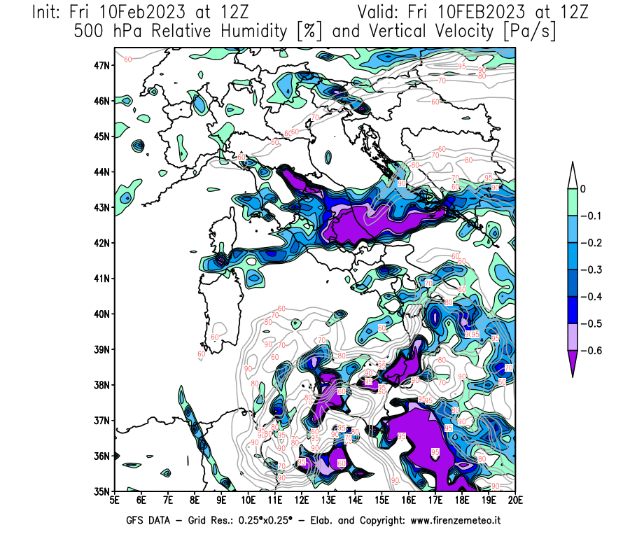 Mappa di analisi GFS - Umidità relativa [%] e Omega [Pa/s] a 500 hPa in Italia
							del 10/02/2023 12 <!--googleoff: index-->UTC<!--googleon: index-->