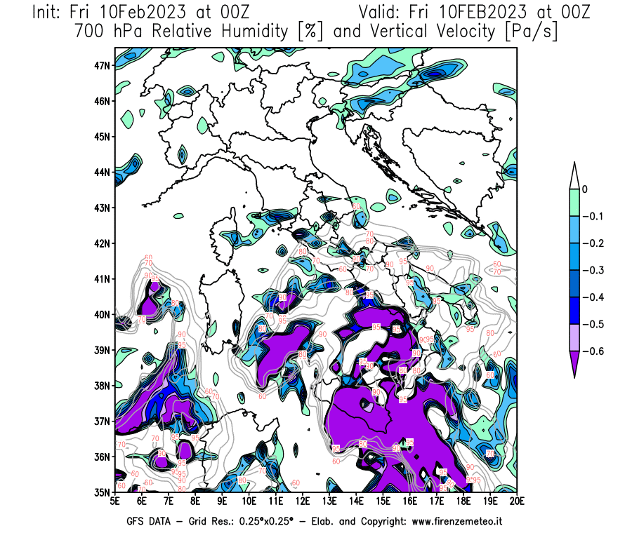 Mappa di analisi GFS - Umidità relativa [%] e Omega [Pa/s] a 700 hPa in Italia
							del 10/02/2023 00 <!--googleoff: index-->UTC<!--googleon: index-->