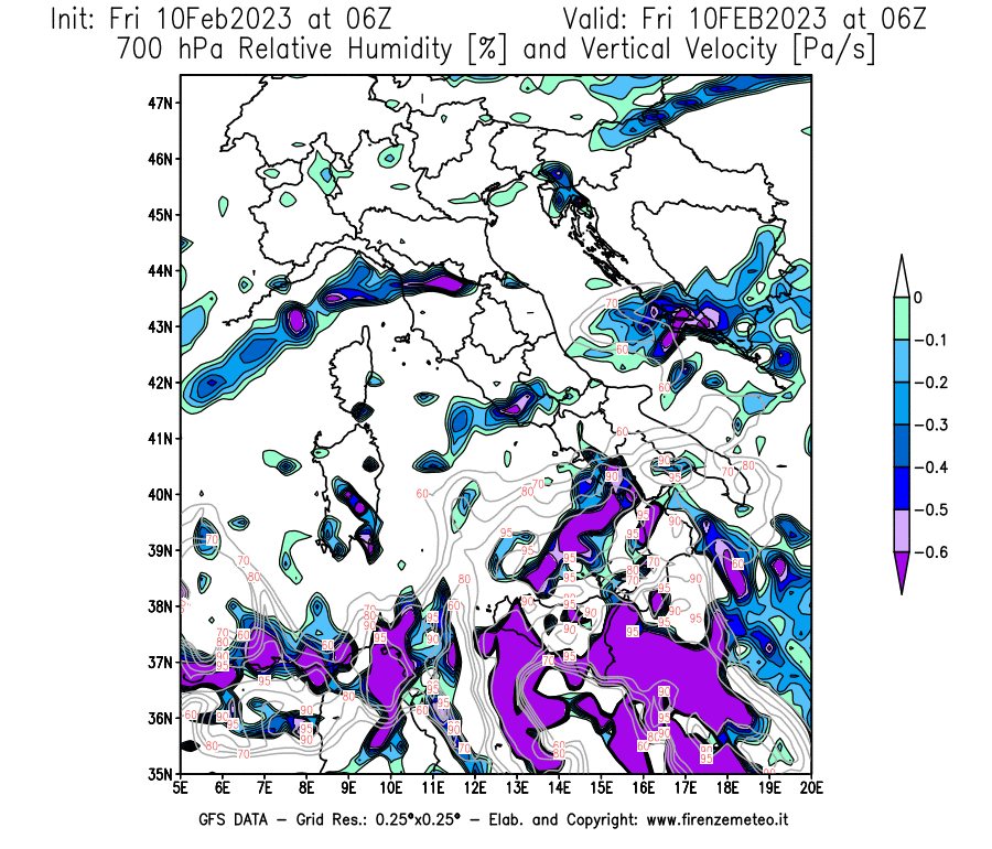 Mappa di analisi GFS - Umidità relativa [%] e Omega [Pa/s] a 700 hPa in Italia
							del 10/02/2023 06 <!--googleoff: index-->UTC<!--googleon: index-->