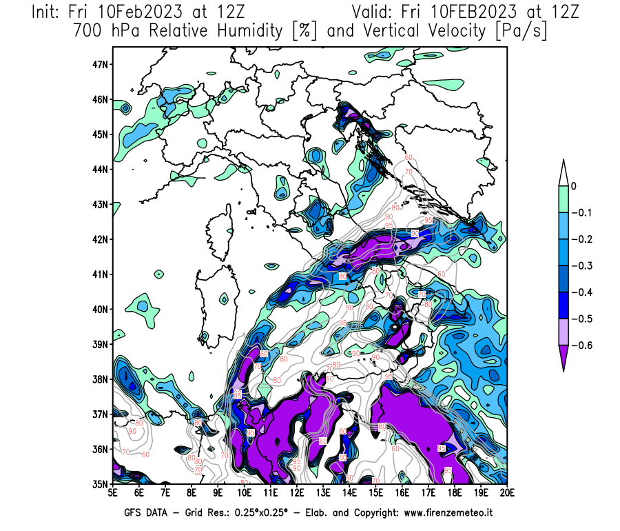 Mappa di analisi GFS - Umidità relativa [%] e Omega [Pa/s] a 700 hPa in Italia
							del 10/02/2023 12 <!--googleoff: index-->UTC<!--googleon: index-->