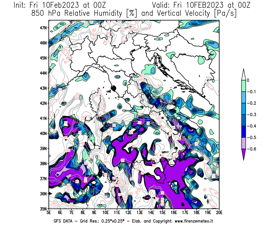Mappa di analisi GFS - Umidità relativa [%] e Omega [Pa/s] a 850 hPa in Italia
							del 10/02/2023 00 <!--googleoff: index-->UTC<!--googleon: index-->