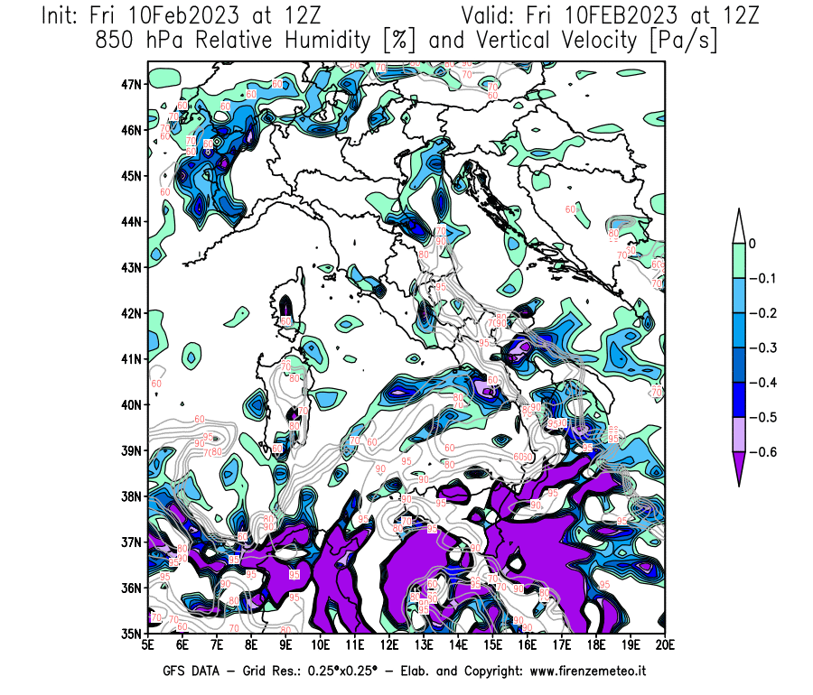 Mappa di analisi GFS - Umidità relativa [%] e Omega [Pa/s] a 850 hPa in Italia
							del 10/02/2023 12 <!--googleoff: index-->UTC<!--googleon: index-->