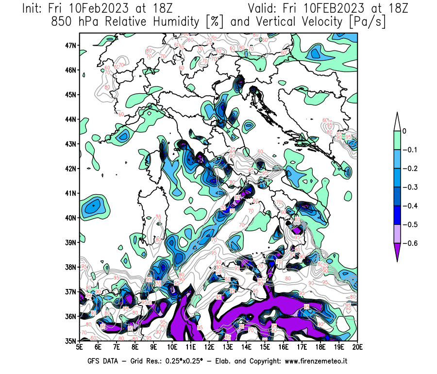 Mappa di analisi GFS - Umidità relativa [%] e Omega [Pa/s] a 850 hPa in Italia
							del 10/02/2023 18 <!--googleoff: index-->UTC<!--googleon: index-->