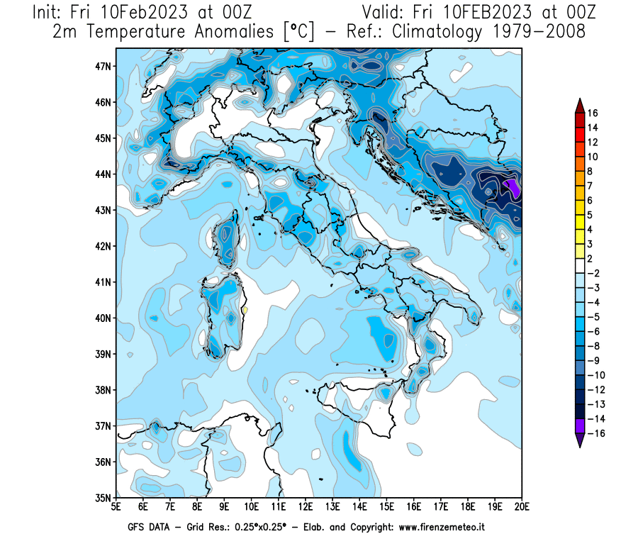 Mappa di analisi GFS - Anomalia Temperatura [°C] a 2 m in Italia
							del 10/02/2023 00 <!--googleoff: index-->UTC<!--googleon: index-->