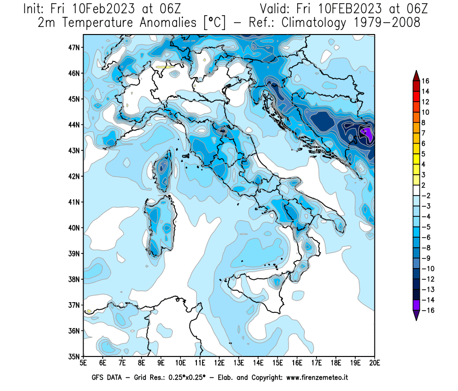 Mappa di analisi GFS - Anomalia Temperatura [°C] a 2 m in Italia
							del 10/02/2023 06 <!--googleoff: index-->UTC<!--googleon: index-->