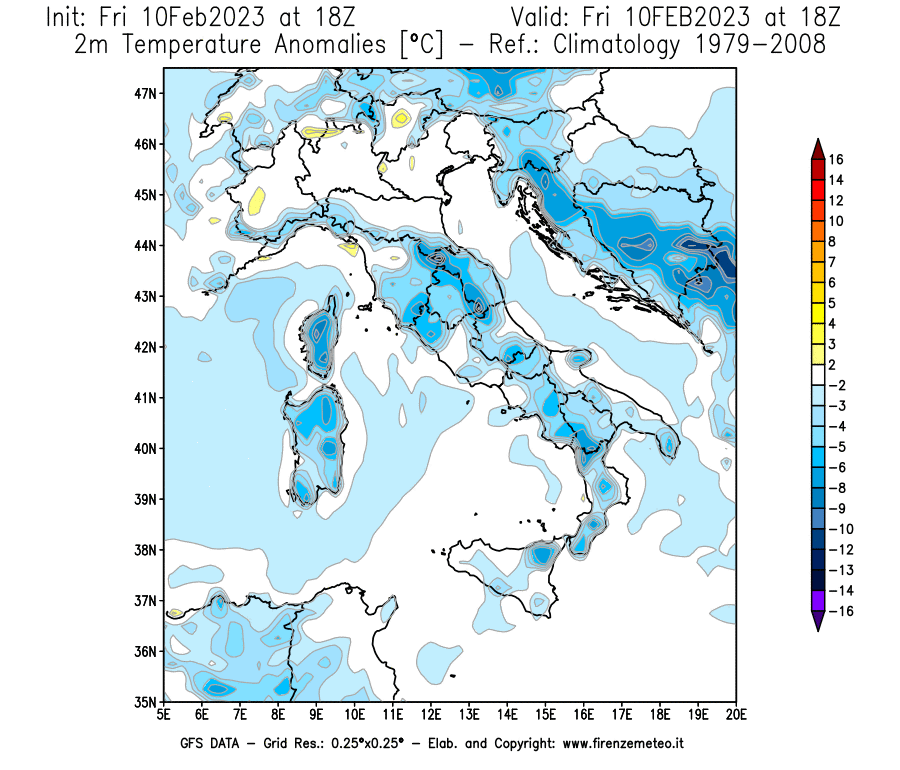 Mappa di analisi GFS - Anomalia Temperatura [°C] a 2 m in Italia
							del 10/02/2023 18 <!--googleoff: index-->UTC<!--googleon: index-->