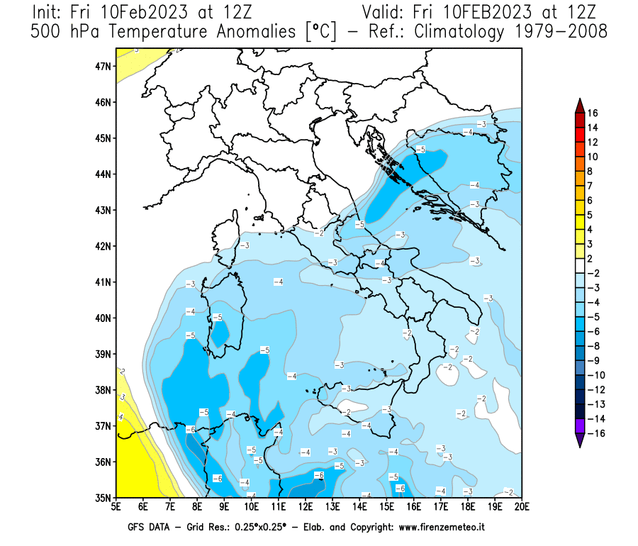 Mappa di analisi GFS - Anomalia Temperatura [°C] a 500 hPa in Italia
							del 10/02/2023 12 <!--googleoff: index-->UTC<!--googleon: index-->