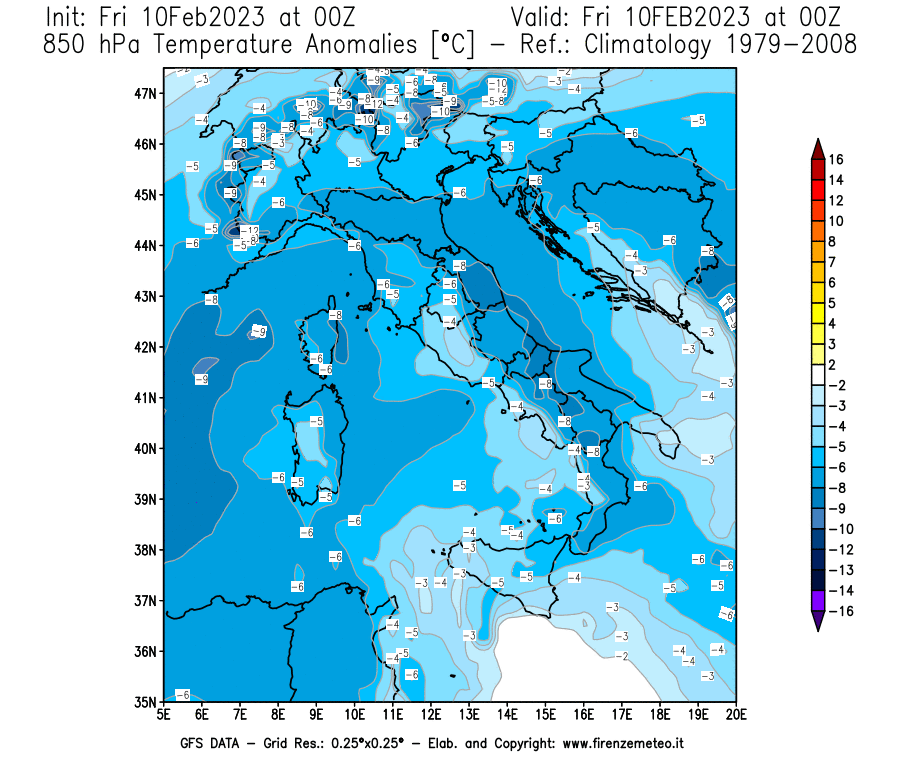 Mappa di analisi GFS - Anomalia Temperatura [°C] a 850 hPa in Italia
							del 10/02/2023 00 <!--googleoff: index-->UTC<!--googleon: index-->