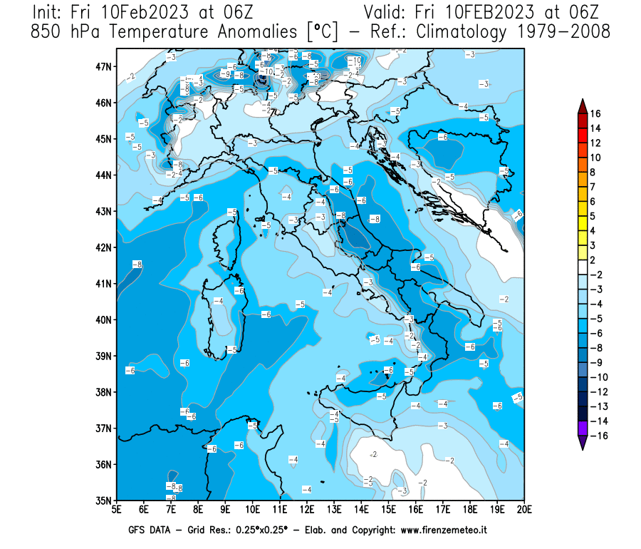 Mappa di analisi GFS - Anomalia Temperatura [°C] a 850 hPa in Italia
							del 10/02/2023 06 <!--googleoff: index-->UTC<!--googleon: index-->