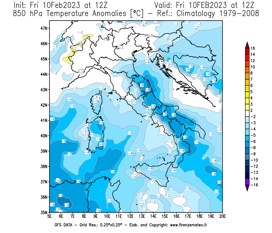 Mappa di analisi GFS - Anomalia Temperatura [°C] a 850 hPa in Italia
							del 10/02/2023 12 <!--googleoff: index-->UTC<!--googleon: index-->