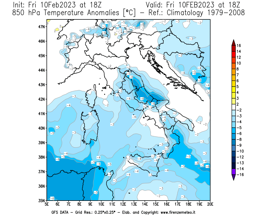 Mappa di analisi GFS - Anomalia Temperatura [°C] a 850 hPa in Italia
							del 10/02/2023 18 <!--googleoff: index-->UTC<!--googleon: index-->