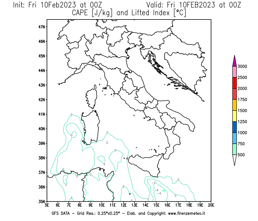 Mappa di analisi GFS - CAPE [J/kg] e Lifted Index [°C] in Italia
							del 10/02/2023 00 <!--googleoff: index-->UTC<!--googleon: index-->