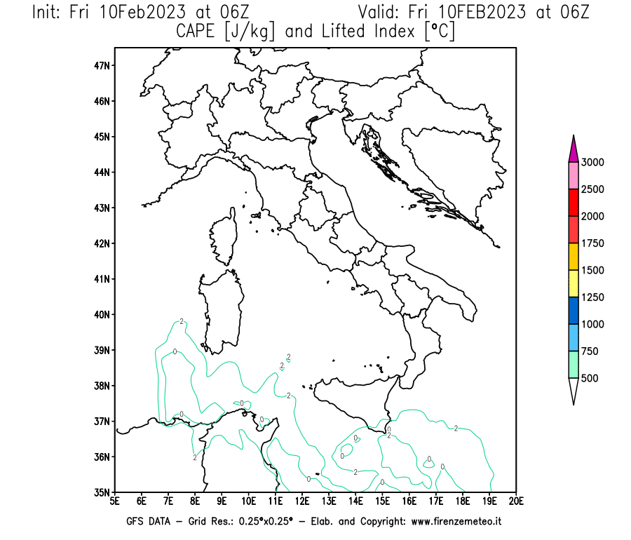 Mappa di analisi GFS - CAPE [J/kg] e Lifted Index [°C] in Italia
							del 10/02/2023 06 <!--googleoff: index-->UTC<!--googleon: index-->