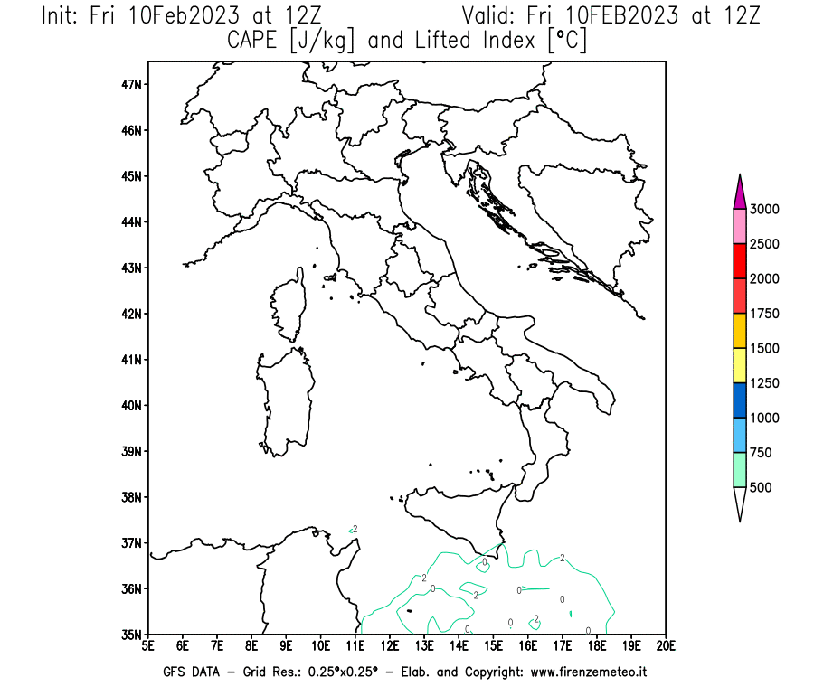 Mappa di analisi GFS - CAPE [J/kg] e Lifted Index [°C] in Italia
							del 10/02/2023 12 <!--googleoff: index-->UTC<!--googleon: index-->