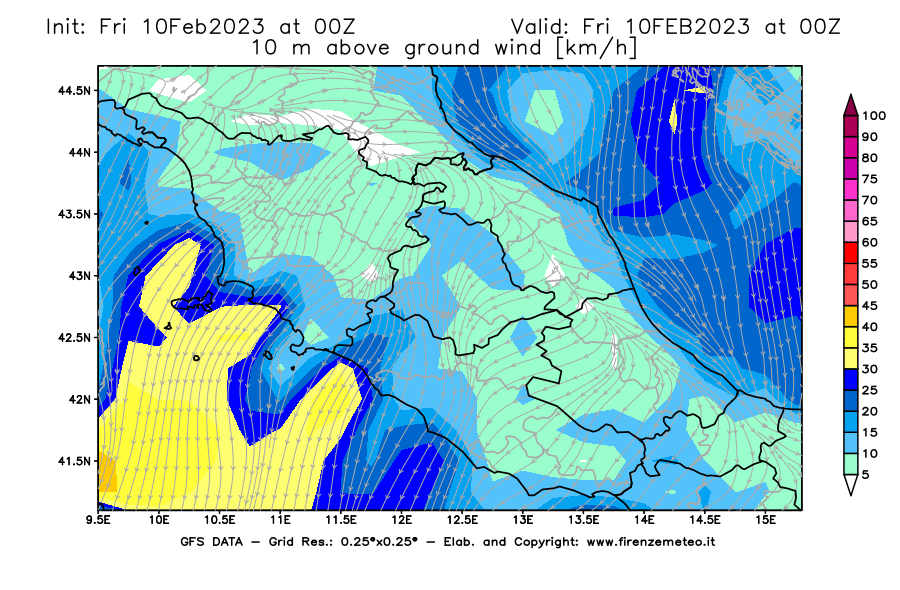 Mappa di analisi GFS - Velocità del vento a 10 metri dal suolo [km/h] in Centro-Italia
							del 10/02/2023 00 <!--googleoff: index-->UTC<!--googleon: index-->
