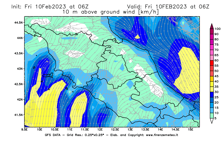 Mappa di analisi GFS - Velocità del vento a 10 metri dal suolo [km/h] in Centro-Italia
							del 10/02/2023 06 <!--googleoff: index-->UTC<!--googleon: index-->