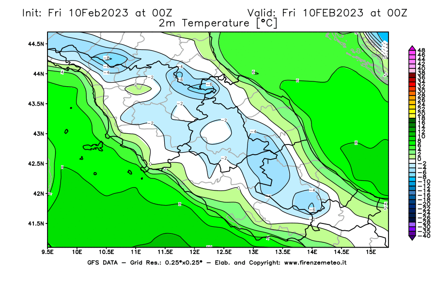 Mappa di analisi GFS - Temperatura a 2 metri dal suolo [°C] in Centro-Italia
							del 10/02/2023 00 <!--googleoff: index-->UTC<!--googleon: index-->