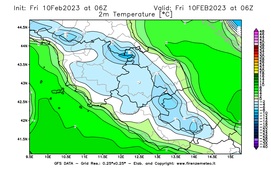 Mappa di analisi GFS - Temperatura a 2 metri dal suolo [°C] in Centro-Italia
							del 10/02/2023 06 <!--googleoff: index-->UTC<!--googleon: index-->