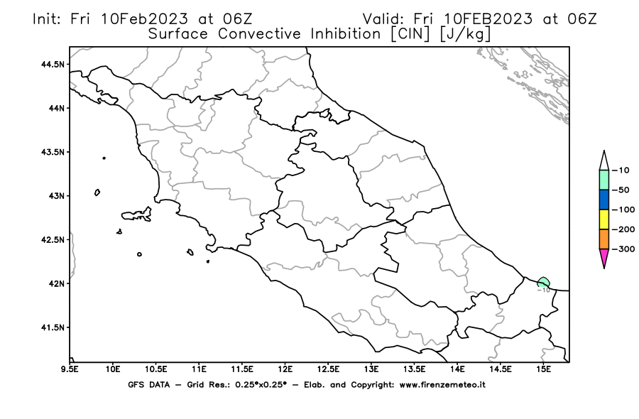 Mappa di analisi GFS - CIN [J/kg] in Centro-Italia
							del 10/02/2023 06 <!--googleoff: index-->UTC<!--googleon: index-->