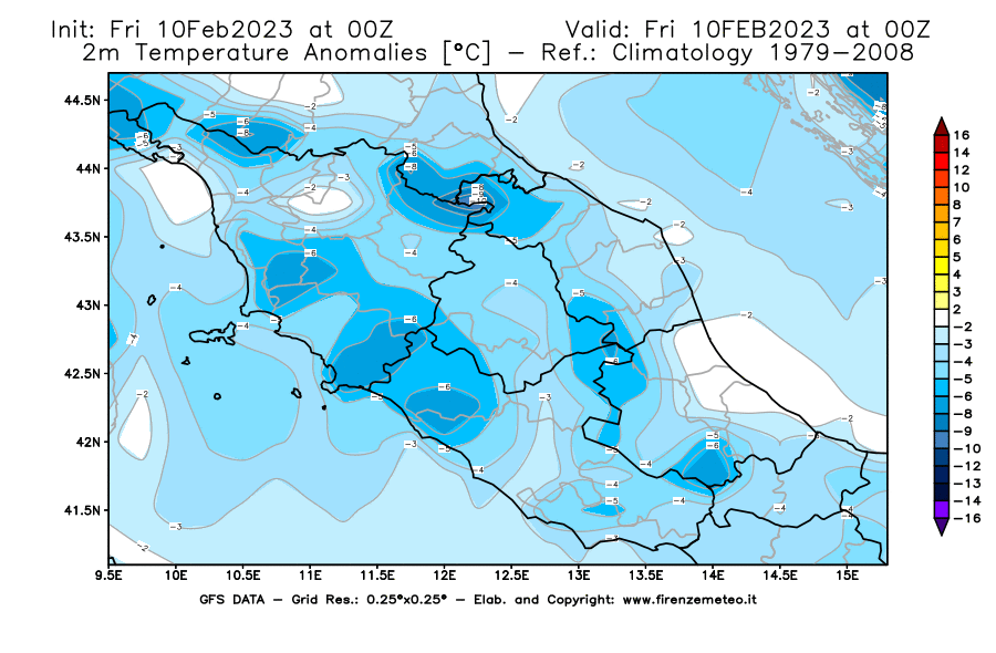 Mappa di analisi GFS - Anomalia Temperatura [°C] a 2 m in Centro-Italia
							del 10/02/2023 00 <!--googleoff: index-->UTC<!--googleon: index-->