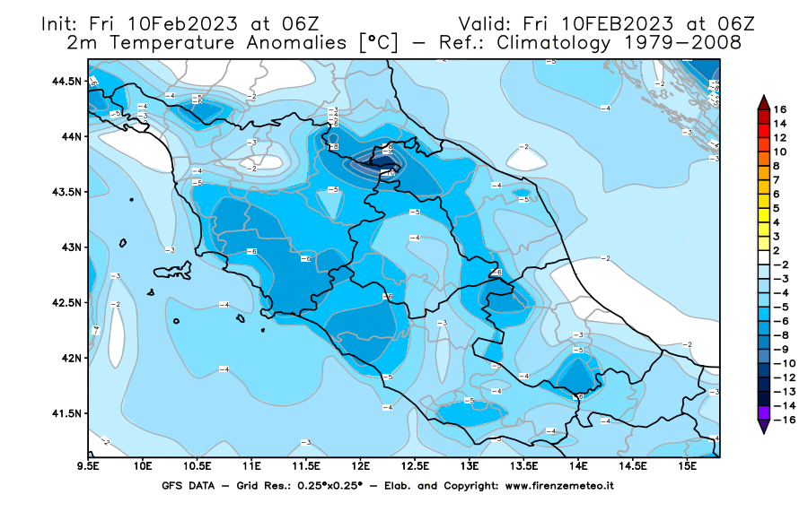 Mappa di analisi GFS - Anomalia Temperatura [°C] a 2 m in Centro-Italia
							del 10/02/2023 06 <!--googleoff: index-->UTC<!--googleon: index-->