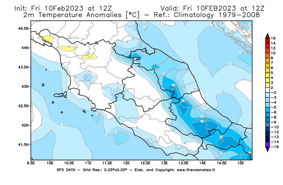Mappa di analisi GFS - Anomalia Temperatura [°C] a 2 m in Centro-Italia
							del 10/02/2023 12 <!--googleoff: index-->UTC<!--googleon: index-->
