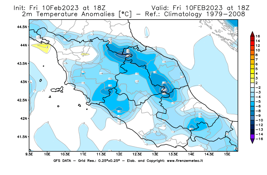 Mappa di analisi GFS - Anomalia Temperatura [°C] a 2 m in Centro-Italia
							del 10/02/2023 18 <!--googleoff: index-->UTC<!--googleon: index-->