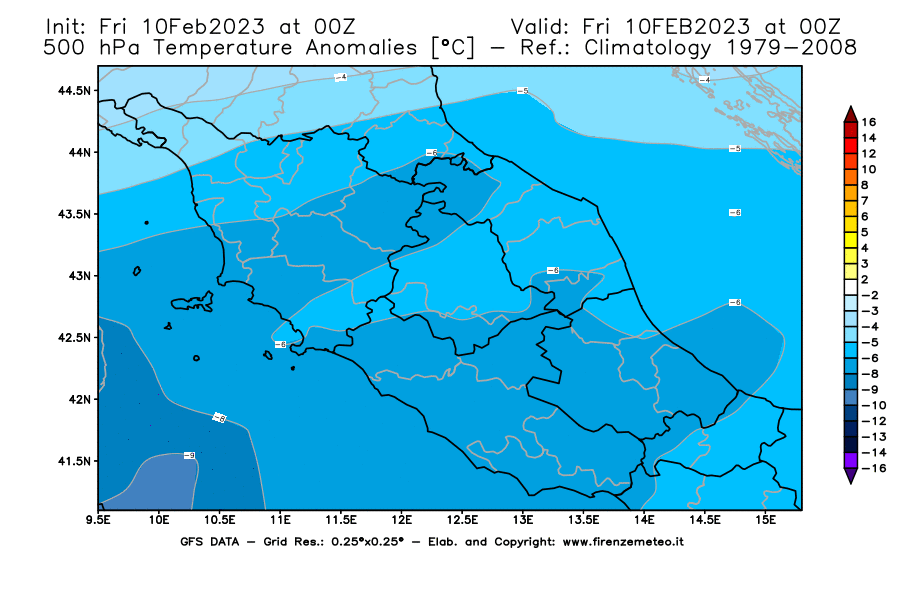 Mappa di analisi GFS - Anomalia Temperatura [°C] a 500 hPa in Centro-Italia
							del 10/02/2023 00 <!--googleoff: index-->UTC<!--googleon: index-->
