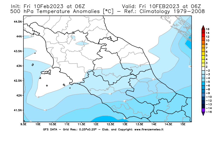 Mappa di analisi GFS - Anomalia Temperatura [°C] a 500 hPa in Centro-Italia
							del 10/02/2023 06 <!--googleoff: index-->UTC<!--googleon: index-->