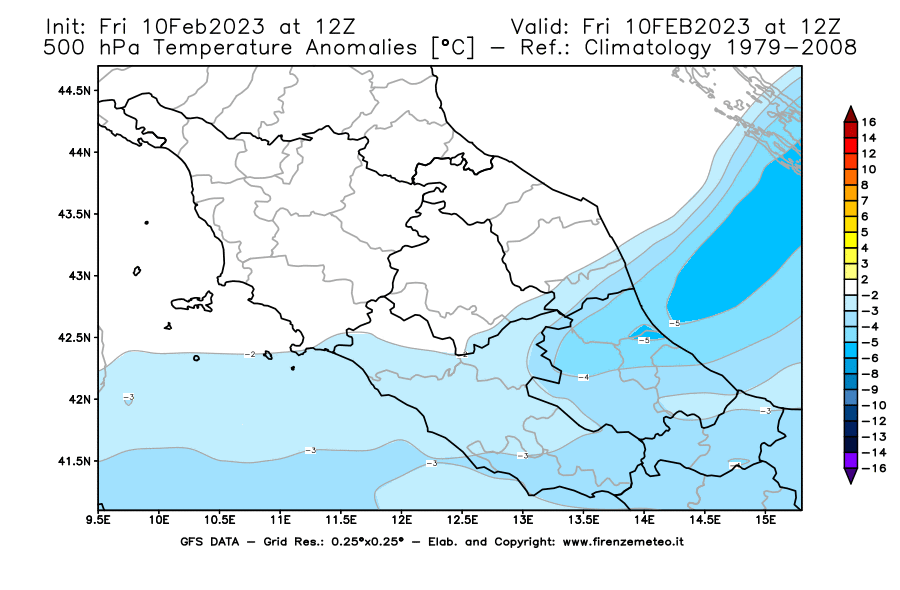 Mappa di analisi GFS - Anomalia Temperatura [°C] a 500 hPa in Centro-Italia
							del 10/02/2023 12 <!--googleoff: index-->UTC<!--googleon: index-->
