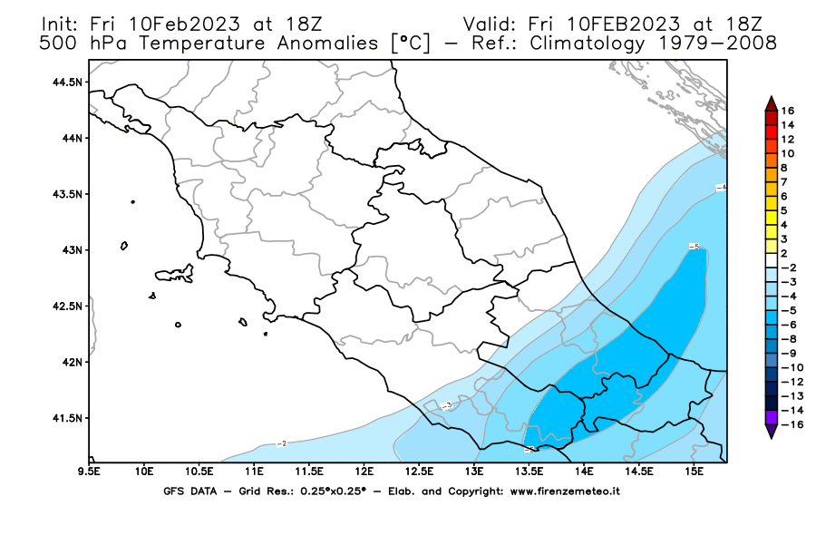 Mappa di analisi GFS - Anomalia Temperatura [°C] a 500 hPa in Centro-Italia
							del 10/02/2023 18 <!--googleoff: index-->UTC<!--googleon: index-->