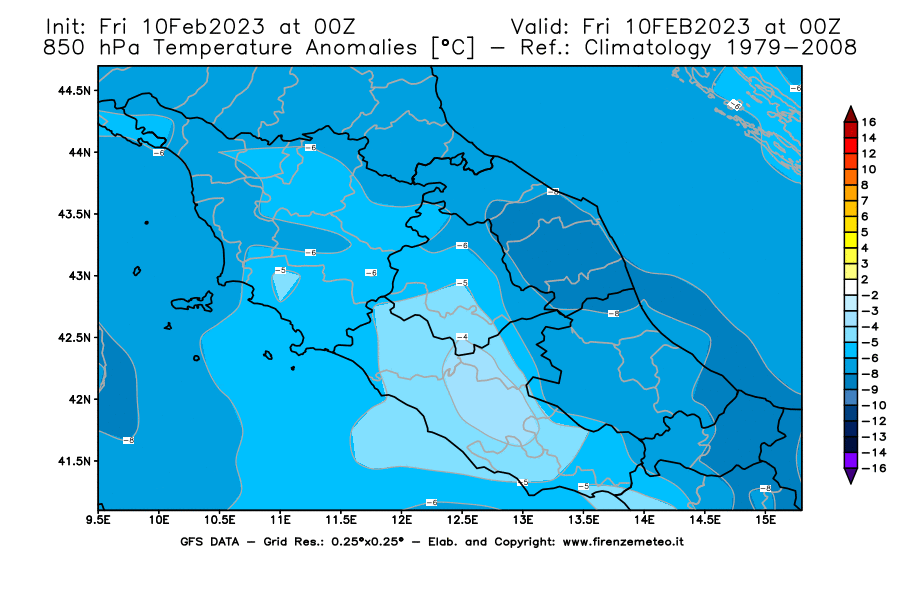 Mappa di analisi GFS - Anomalia Temperatura [°C] a 850 hPa in Centro-Italia
							del 10/02/2023 00 <!--googleoff: index-->UTC<!--googleon: index-->