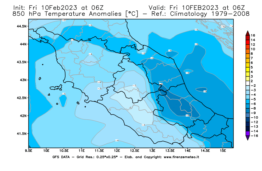 Mappa di analisi GFS - Anomalia Temperatura [°C] a 850 hPa in Centro-Italia
							del 10/02/2023 06 <!--googleoff: index-->UTC<!--googleon: index-->