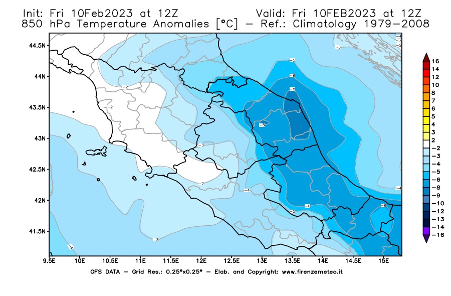 Mappa di analisi GFS - Anomalia Temperatura [°C] a 850 hPa in Centro-Italia
							del 10/02/2023 12 <!--googleoff: index-->UTC<!--googleon: index-->
